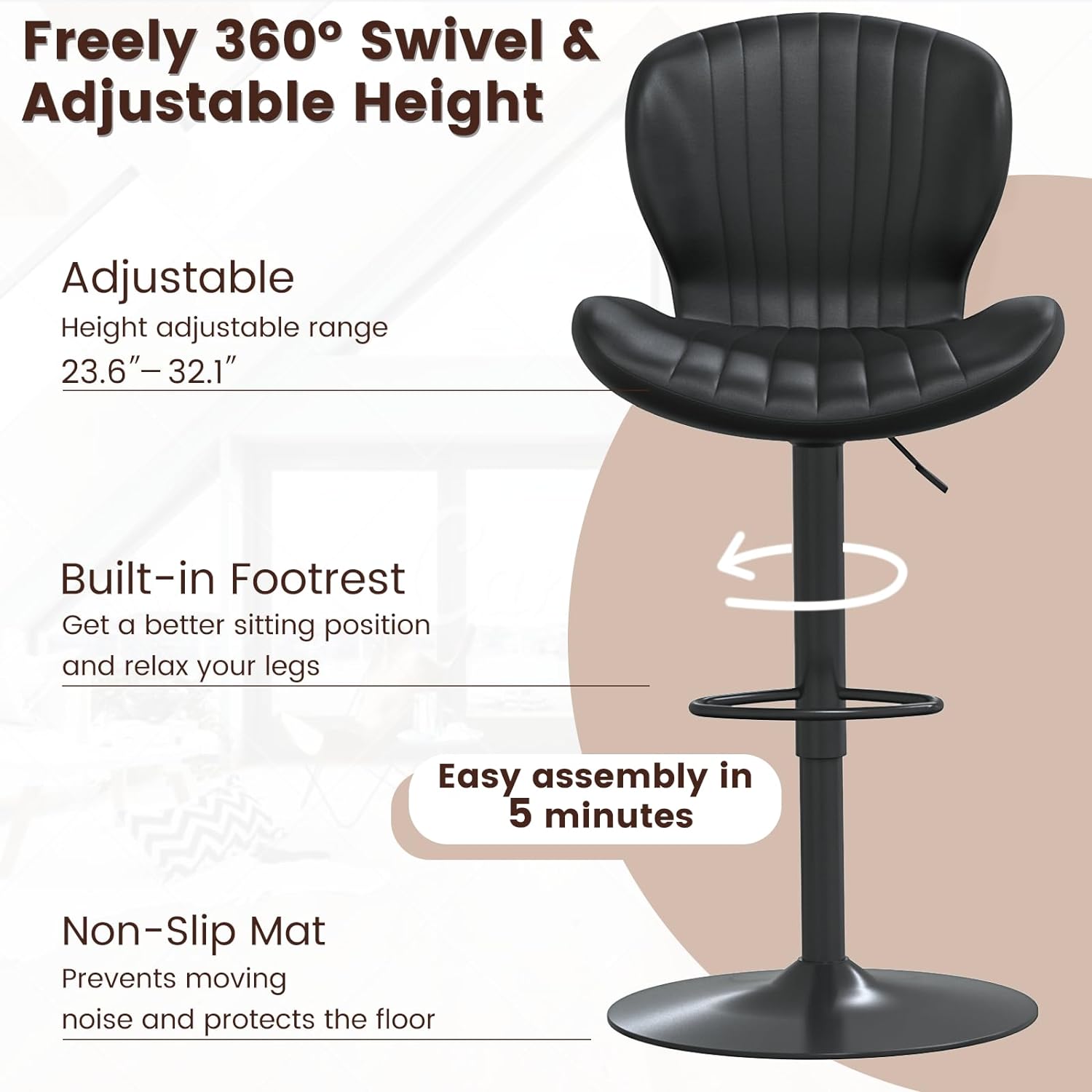 Waleaf Modern Adjustable Bar Stools Set of 2, Black photo 7