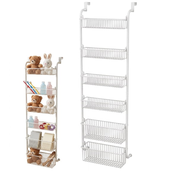 Over the Door Storage Rack 6 Tier Carbon Steel Hanging Organizer with Baskets for Bathroom Kitchen, White