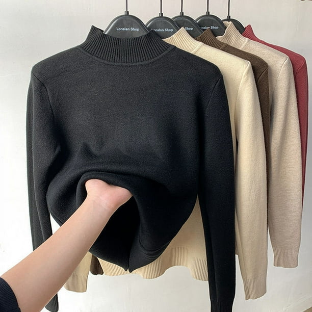 Sueter de cuello alto forrado de lana para mujer sueteres de punto de terciopelo grueso Tops de manga larga prendas de punto delgadas informales calido invierno Walmart en linea
