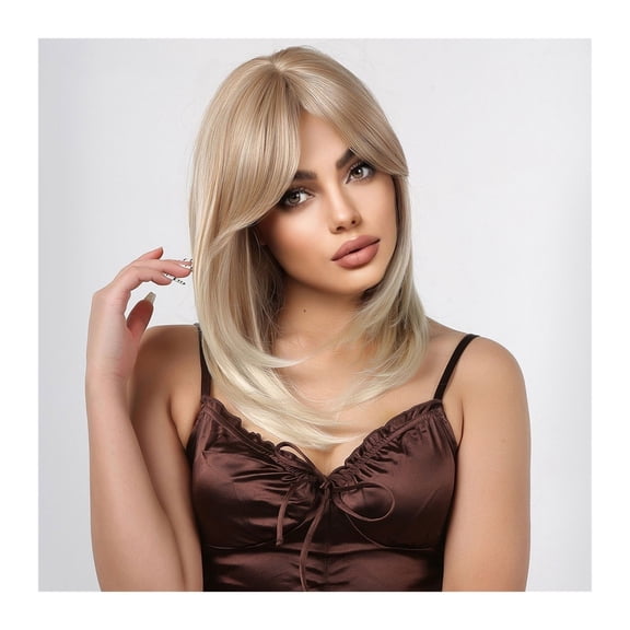 Medium Wavy Golden Blonde Layered Synthetic Wig with Side Bangs for Women Natural Cosplay Heat Resistant Fibre Hair