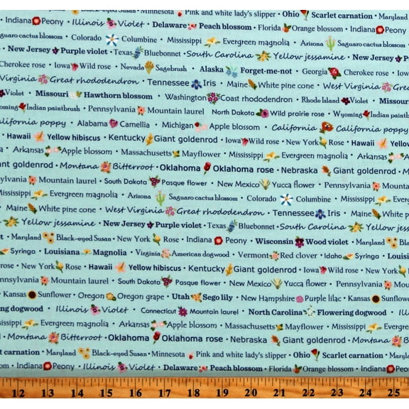Cotton Floral States of America State Flowers Words Scripts Writings Light Teal Cotton Fabric Print by the Yard (A-962-T)