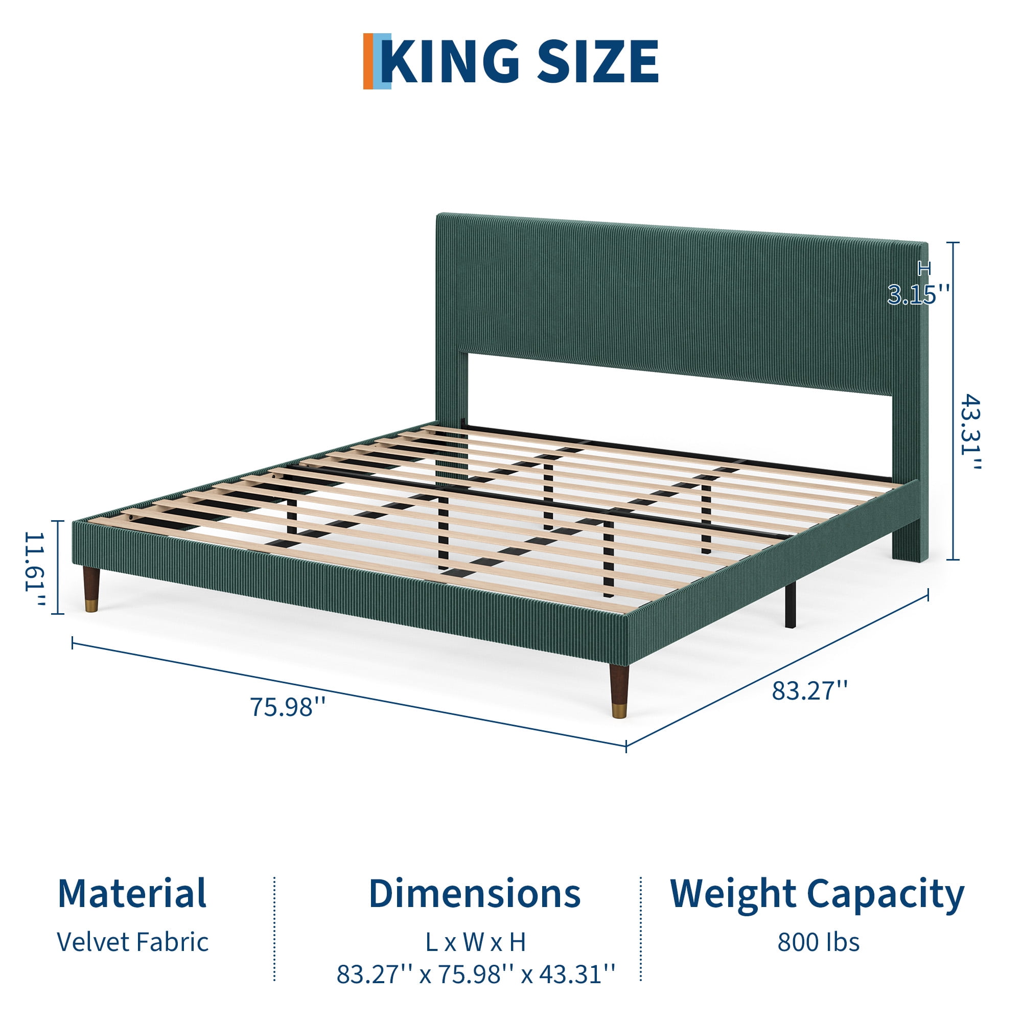 Twin/Full/Queen/King Size Upholstered Platform Bed Frame - Modern Fabric Headboard, Metal Frame & Wooden Slats Double Support, Non-Slip Noise-Free, No Box Spring Needed