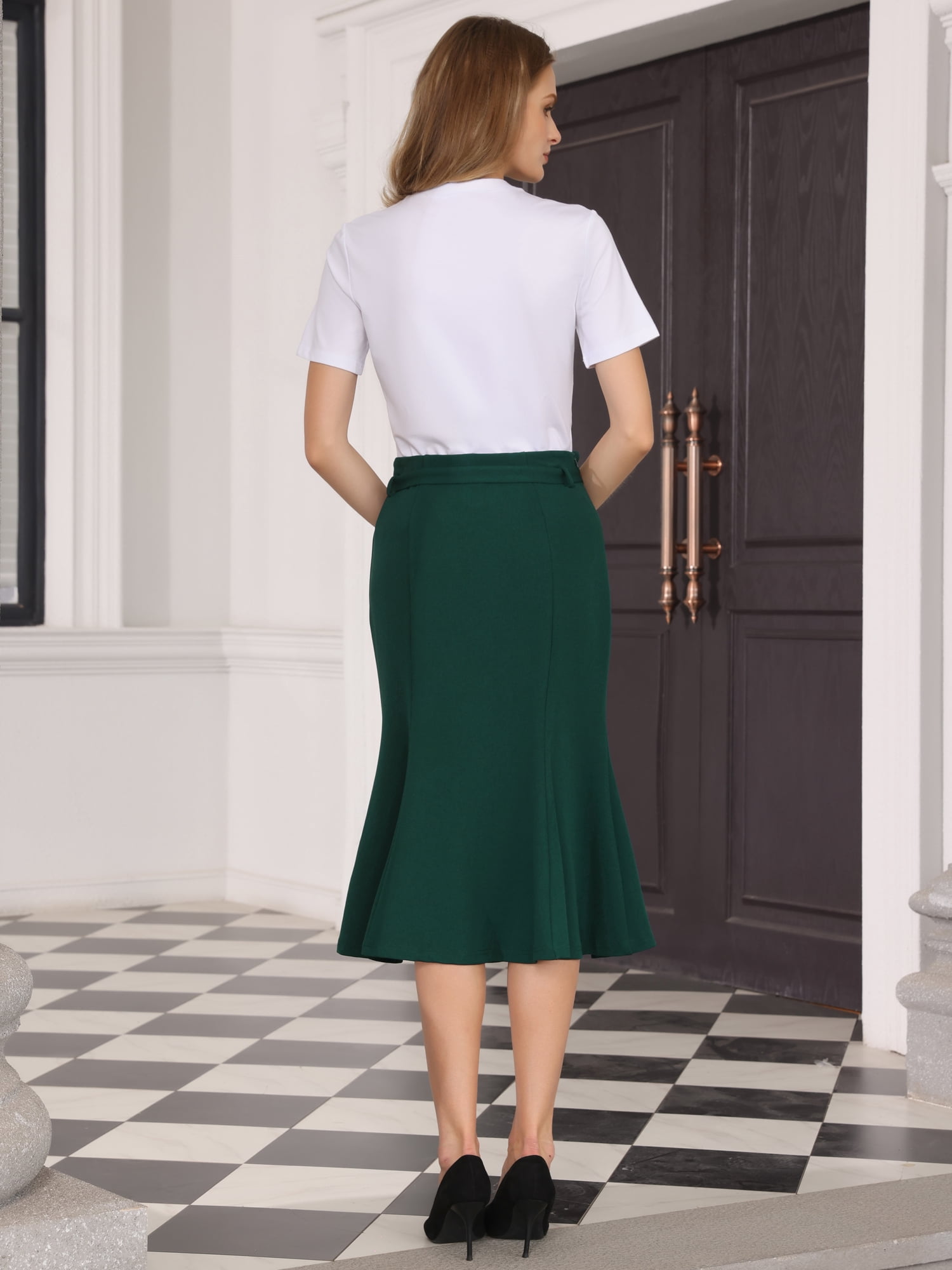 DARING DIVA Women Fishtail High Waist Belted Work Midi Mermaid Skirts L Dark Green