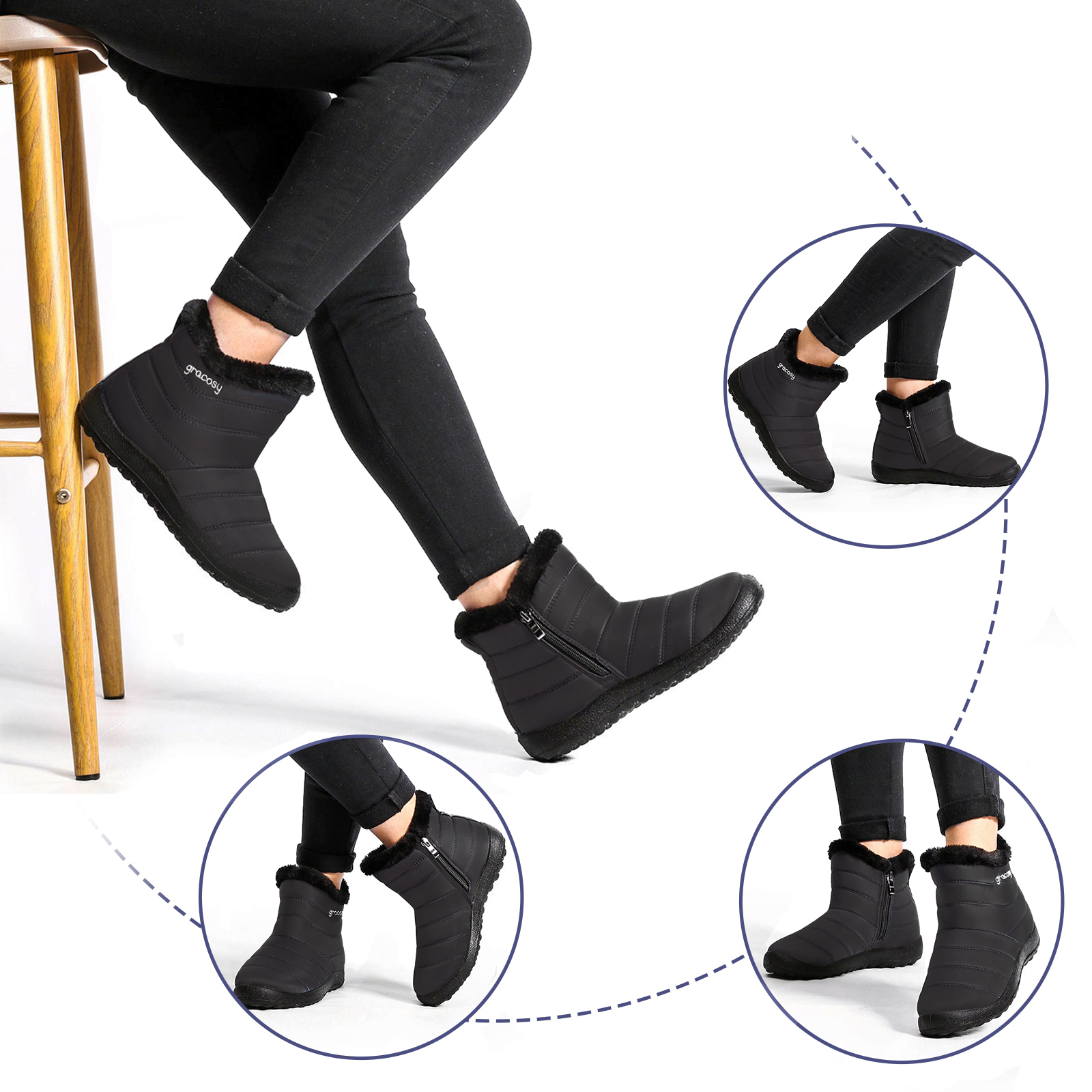 gracosy Warm Snow Boots, Winter Warm Ankle Bootie, Fur 