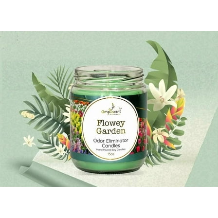 Ampliscent 13oz Flowery Garden Odor Eliminator Candle – Hand-Poured Soy Blend, Long-Lasting Jar for Fresh Home, Smoke, Pets & Kitchen Smells