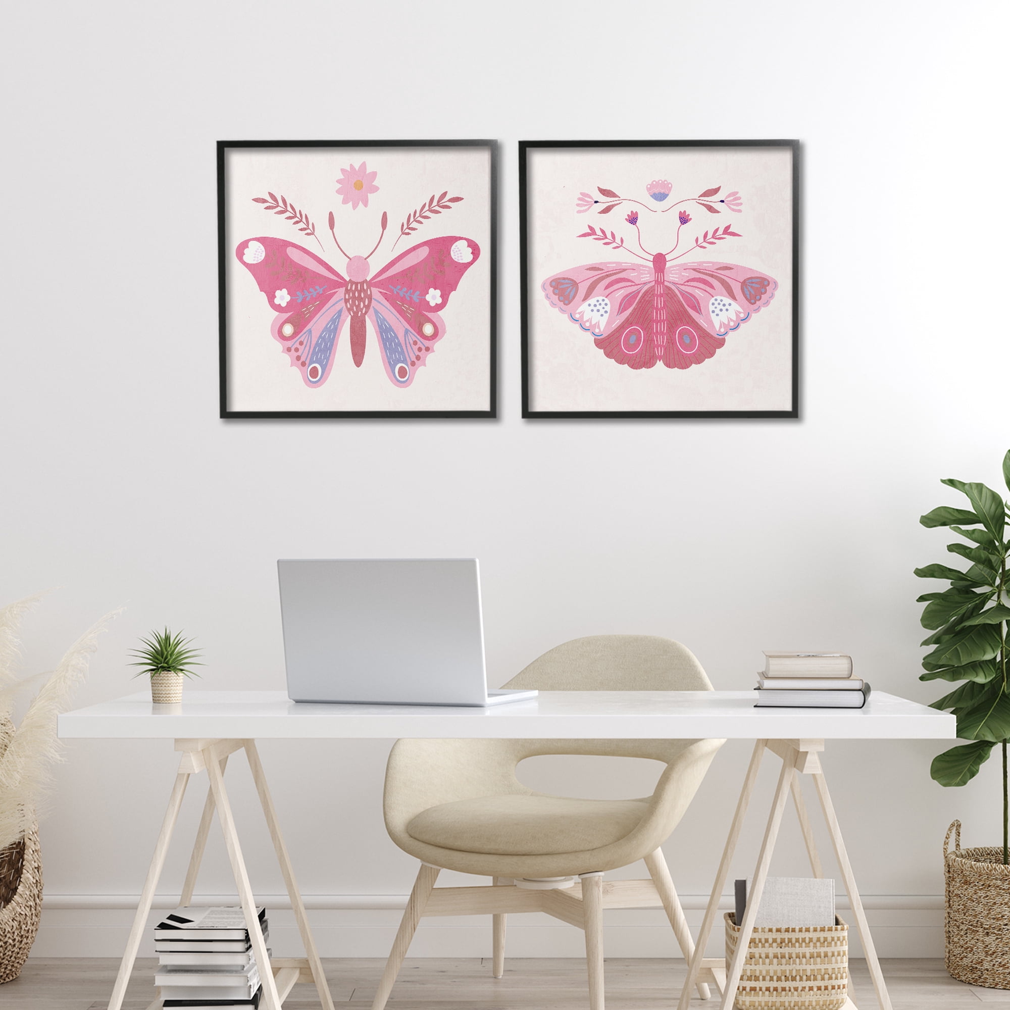 Stupell Industries Pink Folk Butterflies 2 Piece Black Framed Giclee Art Set, design by Kim Allen