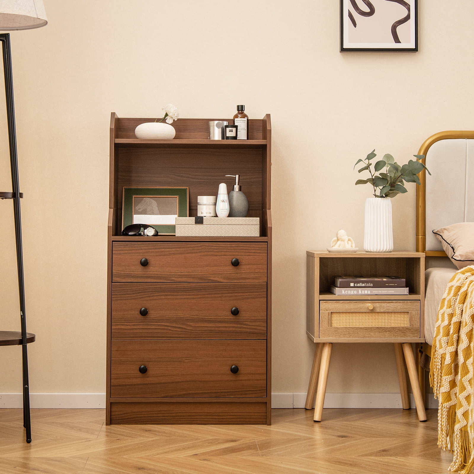 Giantex 3 Drawers Dresser for Bedroom, Storage Dresser Chest w/Anti-toppling Device, Tall Nightstand, Walnut