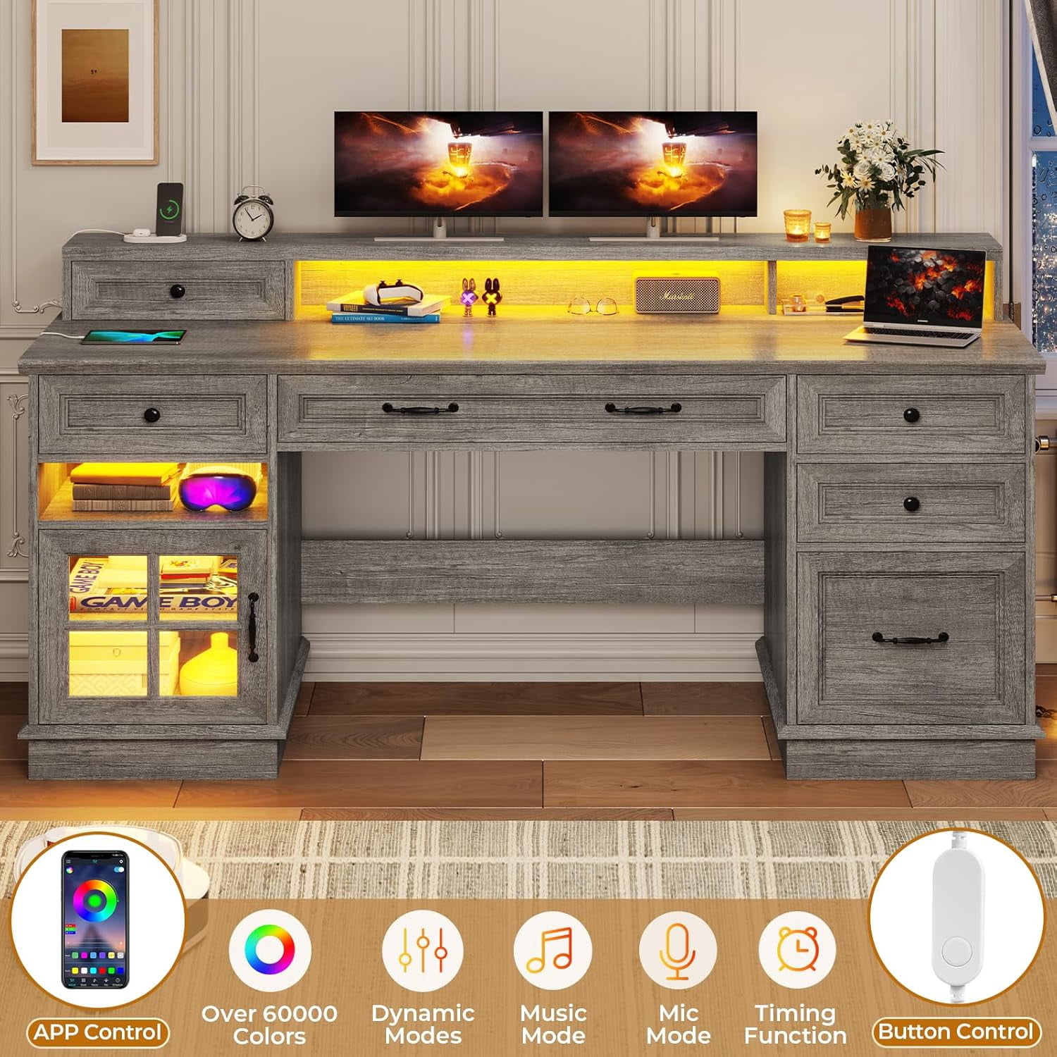 BTHFST Farmhouse Executive Desk with File Drawer, Computer Desk with Charging Station & LED Lights, Home Office Desk with Drawers & Storage Cabinet, Executive Office Desk with Monitor Stand, Grey