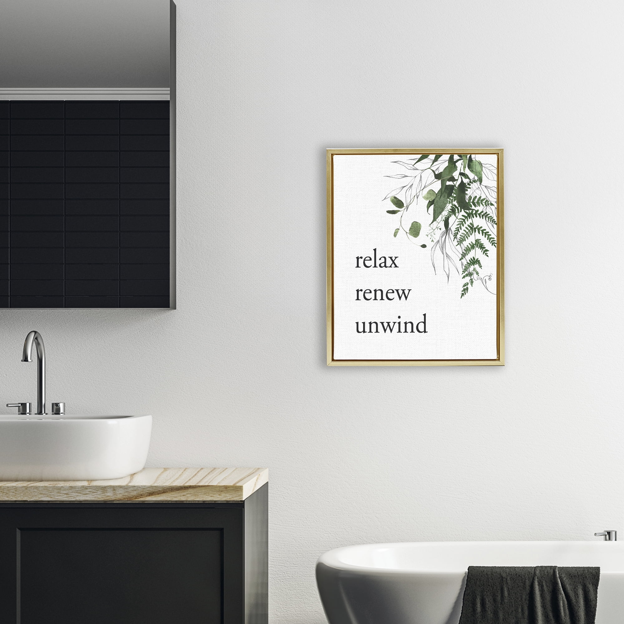Relax Renew Unwind with Foliage Gold Framed Floater Canvas Wall Art, design by Lettered and Lined