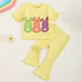 thumbnail image 2 of KPOPLK Baby Girl Easter Outfit Knit Ruffle Short Sleeve Shirts with Pants Set Toddler Baby Girl Bunny Clothes(Light Yellow#2,2-3 Years), 2 of 9