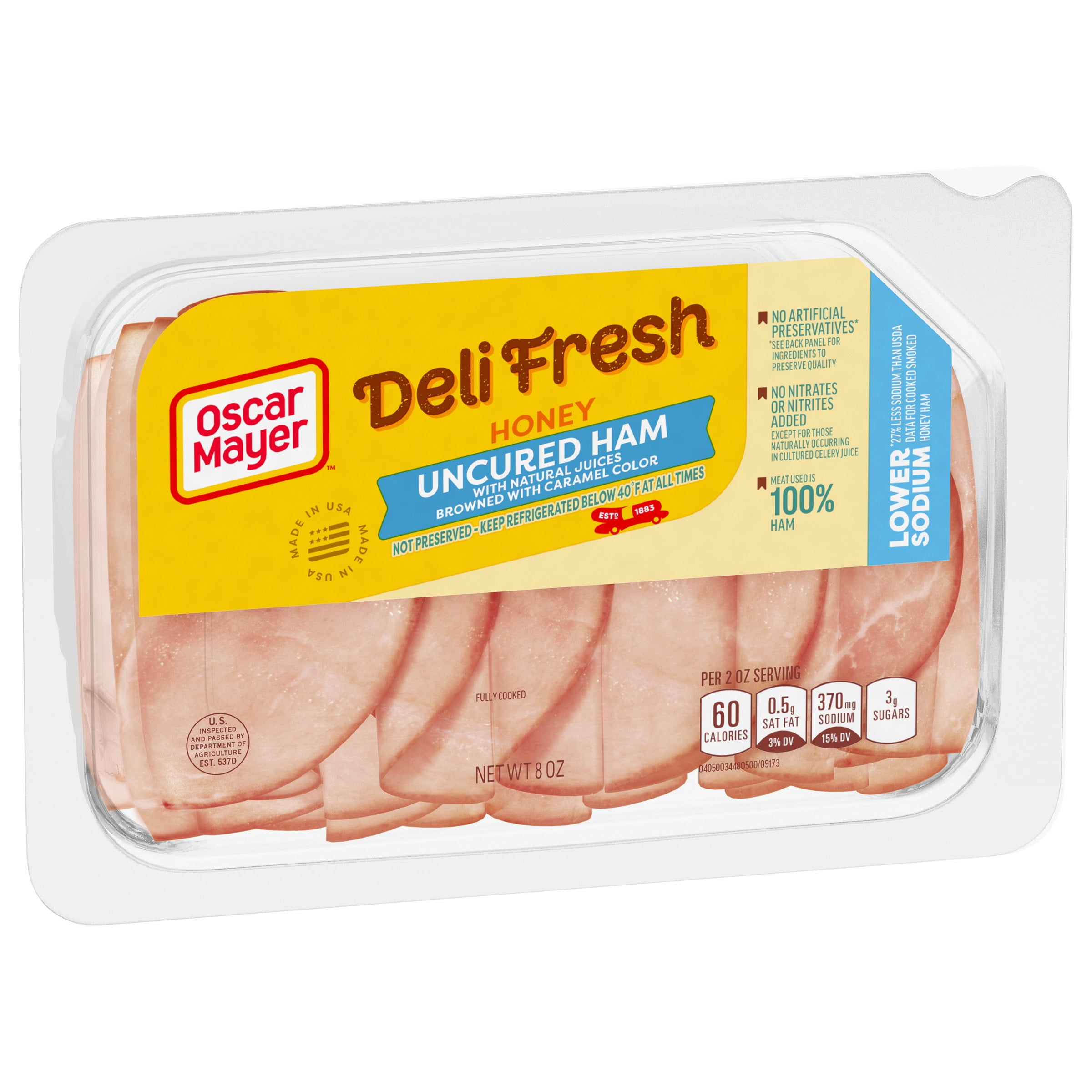 Oscar Mayer Deli Fresh Honey Uncured Ham, Sliced, Low Sodium, 8 oz, Refrigerated, Plastic Tray