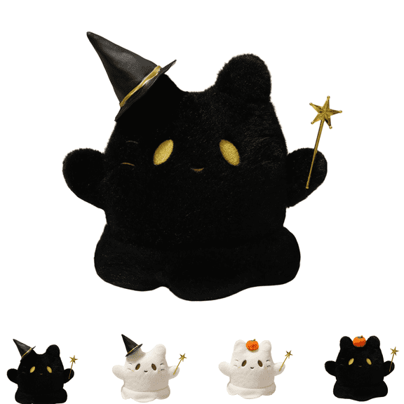 Cute Ghost Cat Plushies, Halloween Black & White Kitten Stuffed Animal with Star Magic Wand Plush Toys, Pumpkin Hat Option, Spooky Halloween Bedroom Ornament Gifts for Kids Girls D