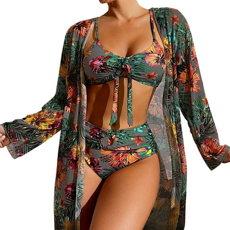 High Waist Bikinis 2024 3 Piece Bikini Set Cover Up Swimsuit For Women Long Sleeve Push Up Swimwear Beach Wear Bathing Suit Swimsuits For Women 2024 Ruched Swimsuits For Women Bathing Suit For Women 2