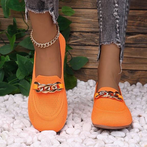 Eltusu Women Loafer Flat Shoes, Round Toe Mesh Breathable Slip on Comfort Shoes Orange Size 5.5-9.5