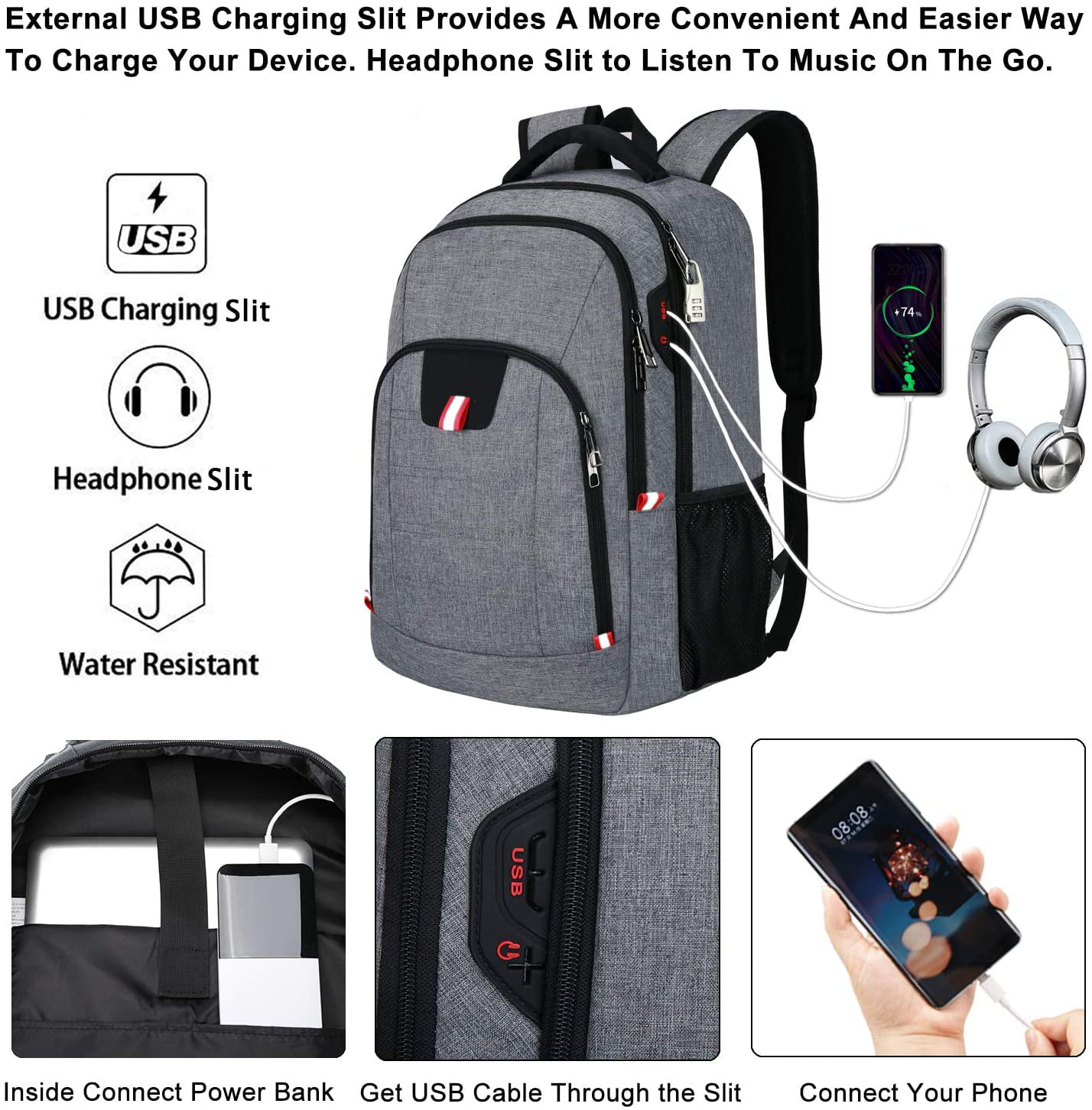 Laptop Backpack with USB Charging Port Anti-Theft Water Resistant College Bookbag School Business Travel Backpack Computer Backpack for Men Women Fits up to 16-inch Notebook 