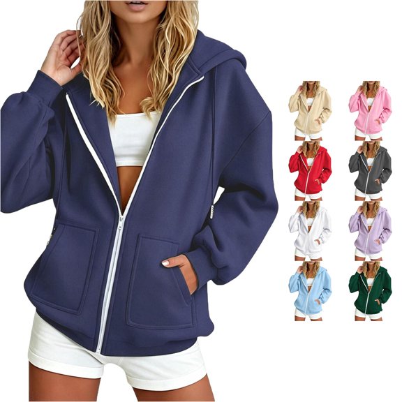 SUXIAN Zip Up Hoodie Women Winter Warmth Loose Long Sleeve Solid Casual Womens Hoodies M