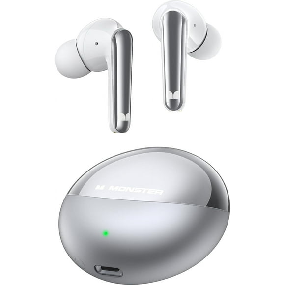 Monster Bluetooth Wireless Earbuds, Bluetooth 5.3 Headphones HiFi Stereo, Crystal Clear Call, 30H Playback, Type-C Charging, IPX6 Waterproof Wireless in-Ear Earbuds, Silver