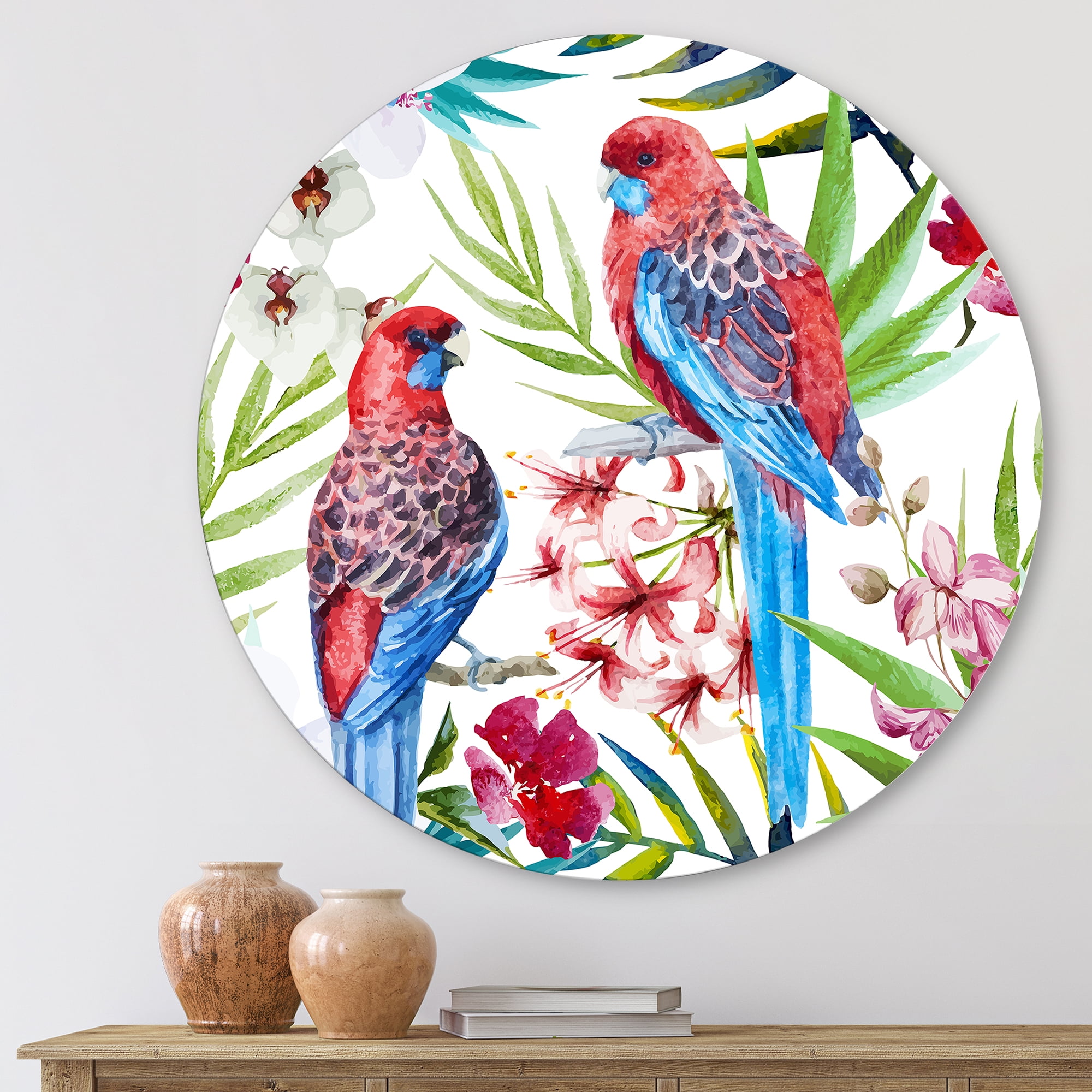 Designart 'Rosella Birds Sitting On Flowers Tree Branch' Traditional Circle Metal Wall Art 11x11 - Disc of 11