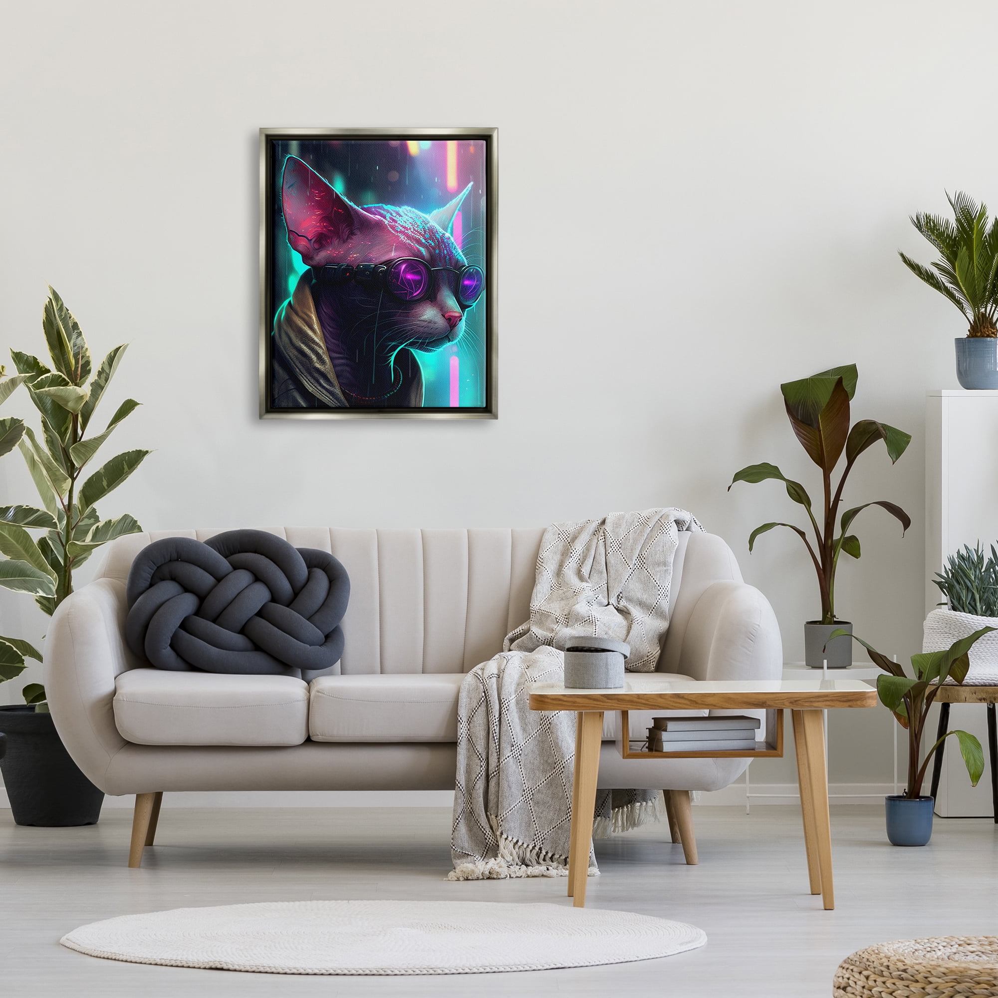 Stupell Industries Sphynx Cat Futuristic Cyber Style Animals & Insects Painting Gray Floater Framed Art Print Wall Art