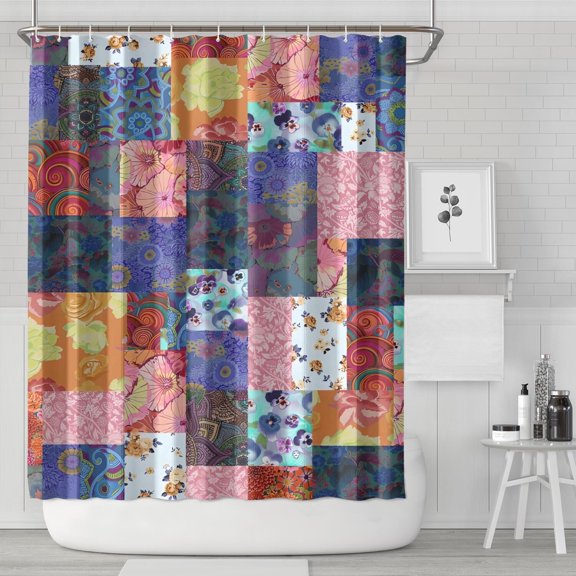 Colorful Pioneer Flower Patchwork Shower Curtain 72"x84" ,Bathroom Decorative Shower Curtains Set with 12 Hooks,Modern Waterproof Washable Shower Curtain