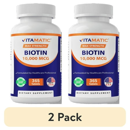 (2 pack) Vitamatic Biotin 10,000 mcg for Stronger Hair, Skin & Nails - 365 Vegan Tablets- Also Called Vitamin B7