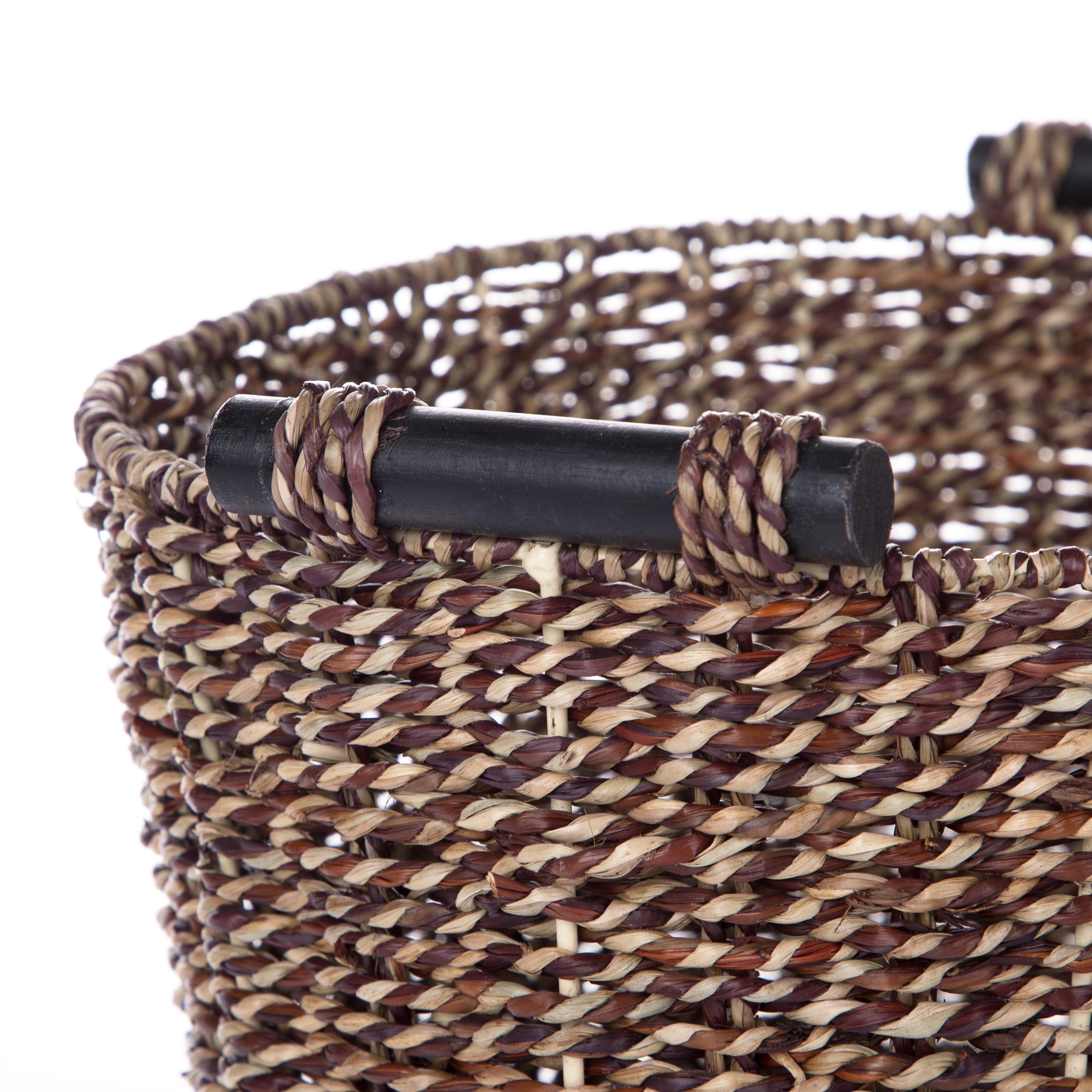 Mainstays Brown Oval 2-Hue Seagrass Storage Basket with Wooden Handles, 8.31 in. x 10 in. x 14.31 in.