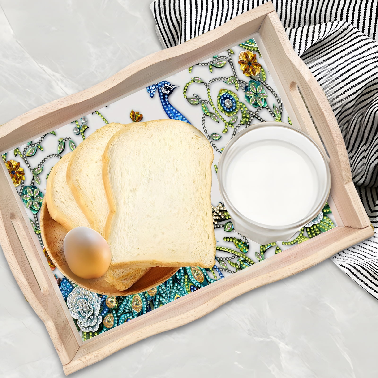 FLOPESN DIY Diamond Art Painting Handmade Wooden Tray,Creative Design Serving Dinner Plate for Coffee Living Room Home Organizer-Peafowl