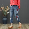 thumbnail image 1 of Pantalones vaqueros de mujer de primavera y otoño con bordado artístico roto, pantalones capri de mujer con cintura alta elástica, pantalones vaqueros holgados de talla grande para mujer, 1 of 6