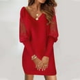 thumbnail image 2 of BangWanChi Red Dresses for Women Women's Sexy Solid Long Sleeve V-Neck Lace Splicing Dresses, 2 of 6