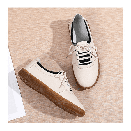 

Women s Leather Comfy Casual Round Toe Soft Flats Size 39 Beige