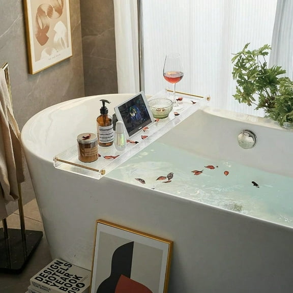 Bathtub Tray Acrylic Bath Tray Bathtub Caddy NonSlip Bath Tub Tray Table With Gold Brushed Handles