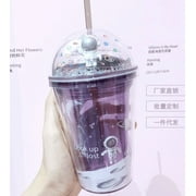 One opening Unisex Double Straw Cup Creative Space Wandering Theme Heat Insulated Plastic Water