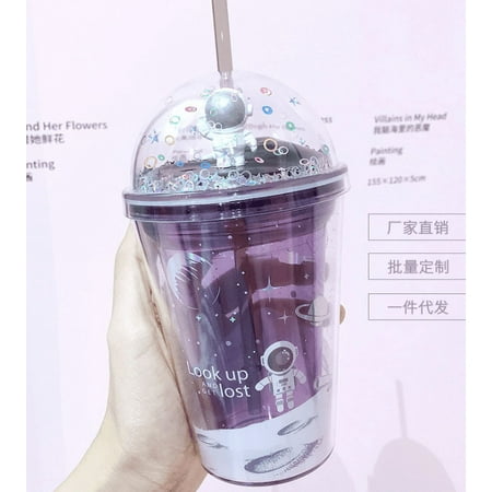 One opening Unisex Double Straw Cup Creative Space Wandering Theme Heat Insulated Plastic Water