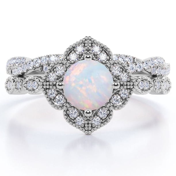 JeenMata Anillo Nupcial con Diseño de Flores Milgrain Estilo Art Déco de 1,5 Quilates con Pavé Cruzado de Moissanita y Ópalo Arcoíris en Forma Redonda Engastado en Oro Blanco de 18 K sobre Plata
