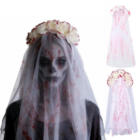SmartBy Rose Headband, Blood-Stained Veil Halloween Zombie Bride Headpiece, One-Piece Design Breathable Mesh Hair Hoop for Haunted House Cosplay Themed Events