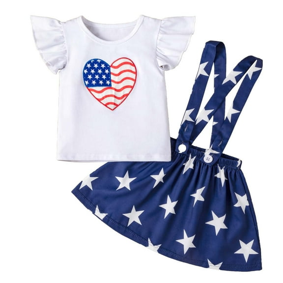 Taqqpue Toddler Girls 4th of July Clothes, 2Pcs Baby Girl Outfits Summer Casual Ruffle Sleeve Crewneck Tops Heart Printed Independence Day T-Shirt straps backless Skirts Clothing Set 18M-6T