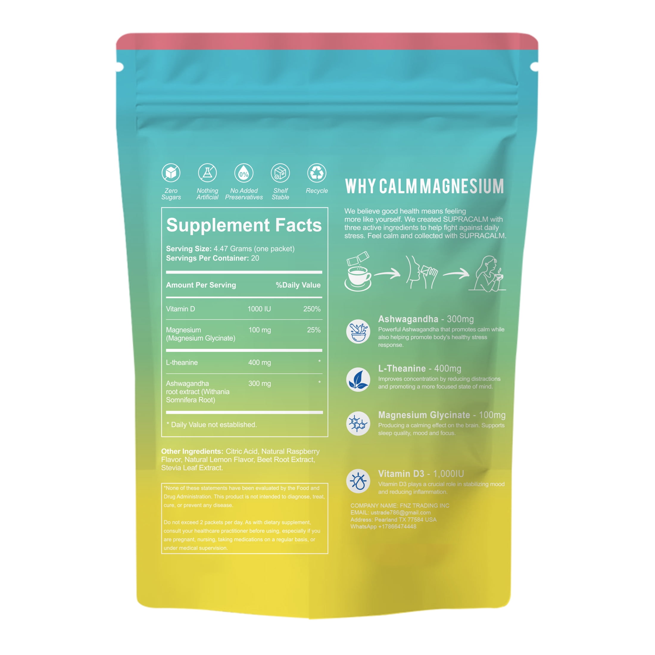Calm Magnesium Powder Drink Mix for Stress Relief & Better Sleep – Natural Calm Supplement, Raspberry Lemon, Pack 2