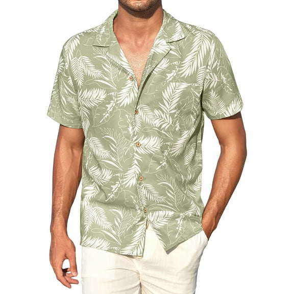 MLANM Men's Hawaiian Floral Shirts Cotton Linen Button Down Tropical Holiday Beach Shirts, S Green Palm Leaf