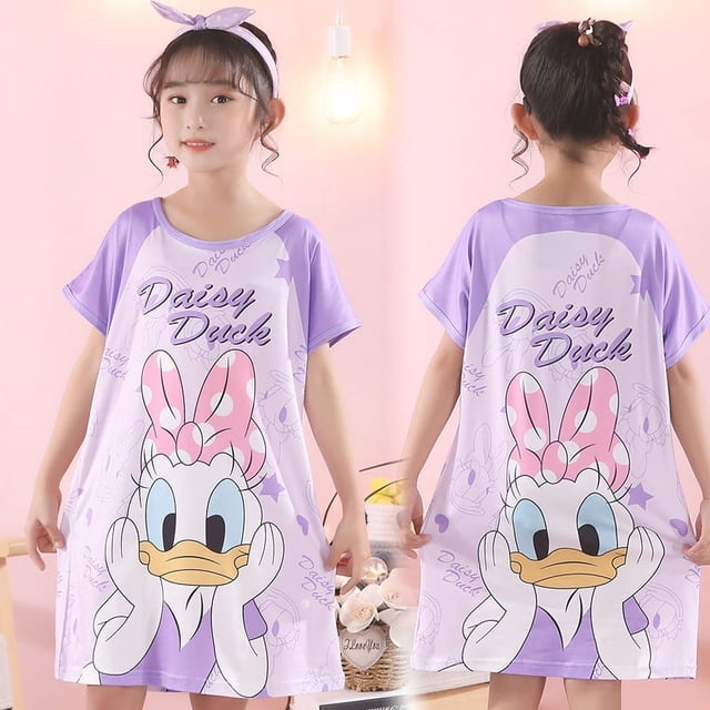 Pijamas infantiles de verano para niñas, lindos pijamas de manga corta con cuello redondo de dibujos animados, ropa de hogar holgada y delgada para niñas de talla mediana y niños mayores