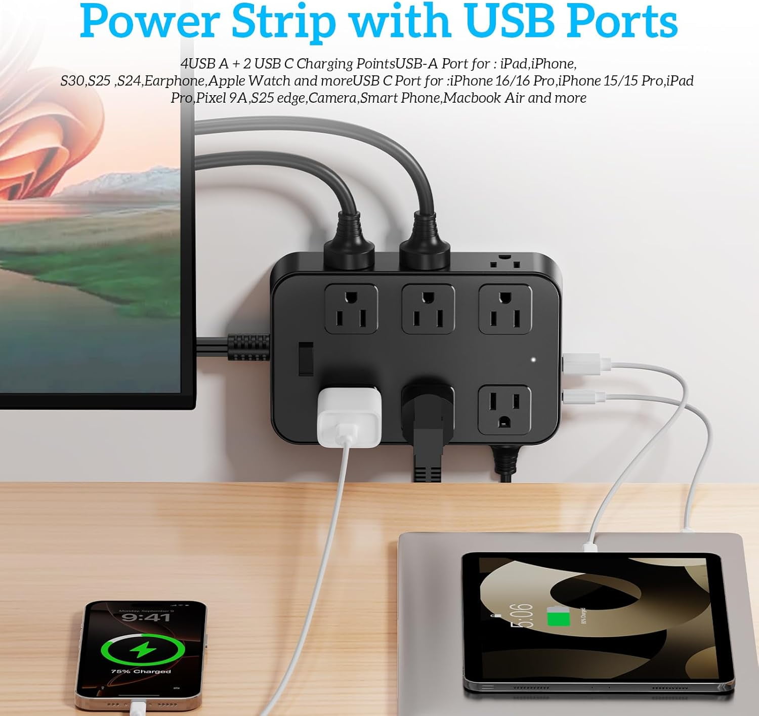 Flat Plug Power Strip Surge Protector 5 Ft Extension Cord with 12 AC Outlets 6 USB Ports 3 Side Multi Plug Outlet Extender Home Office Kitchen Dorm Room Wall Desk Charging Station ETL Listed