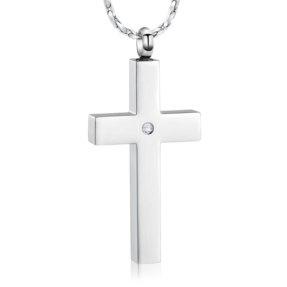 Stainless Steel Cross with Crytstal Urn Pendant Memory Necklace for Cremation Ashes Keepsake Memorial Jewelry