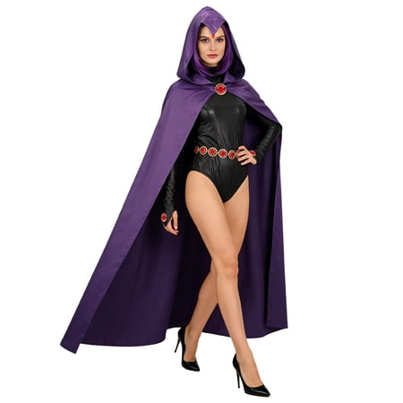 5-Piece Women's Titans Raven Cosplay Costume, Purple Hooded Cape Deluxe Jumpsuit with Wig for Halloween Anime Cosplay