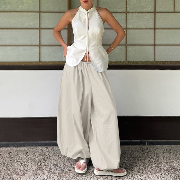 Women's 2026 Spring Summer Street Style Balloon Wide Leg Pants, Loose Pleated Baggy Harem Trousers, Casual Relaxed Joggers for Daily Wear Beige L