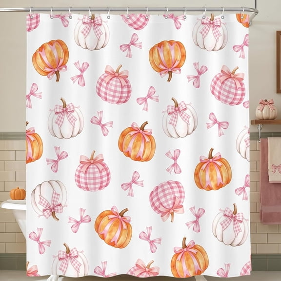 Pink Pumpkin Shower Curtain Fall Autumn Harvest Thanksgiving Bathroom Decor with Bows Waterproof Fabric 71x71 inches