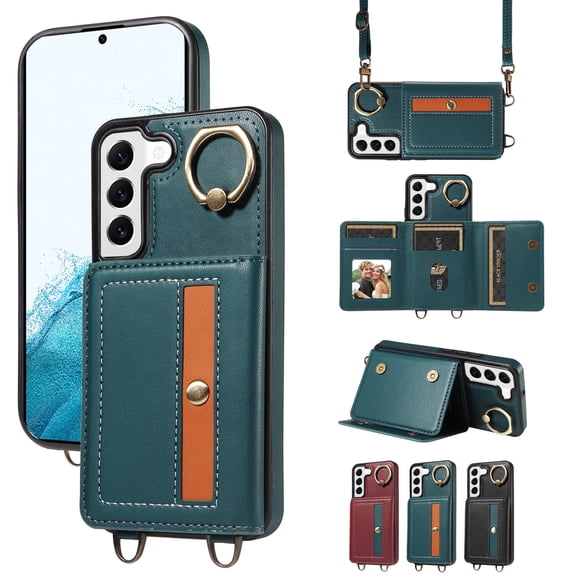Case for Samsung Galaxy S22 Wallet Case, Flip Leather Case with 4 Card Holder, Ring Holder Kickstand Shockproof Protective Folio Phone Cover Crossbody Strap for Women Ladies,Cyan