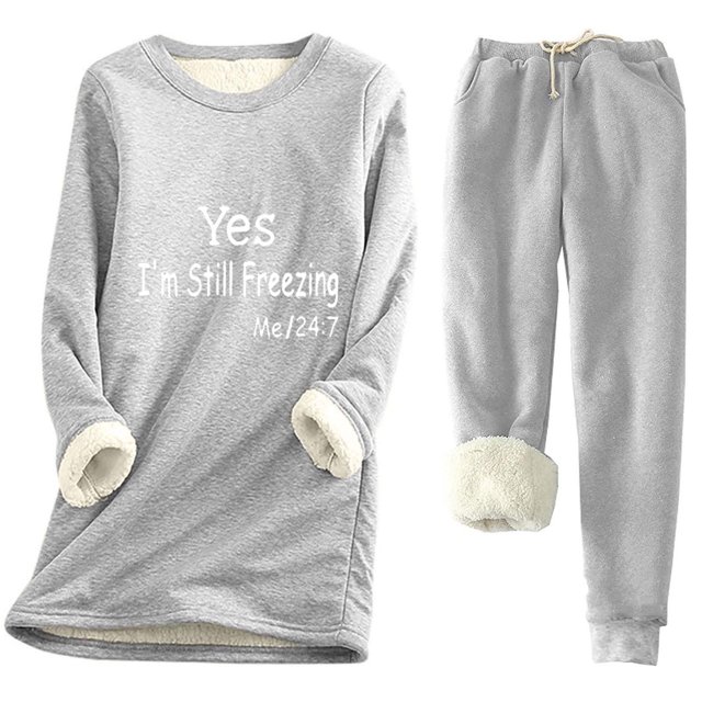 Haivin Two-Piece Fleece Set for Woman, Solid Color Print Long Sleeve Round Neck Thermal Top and Drawstring Pocket Pants, Warm for Winter and Daily Wear