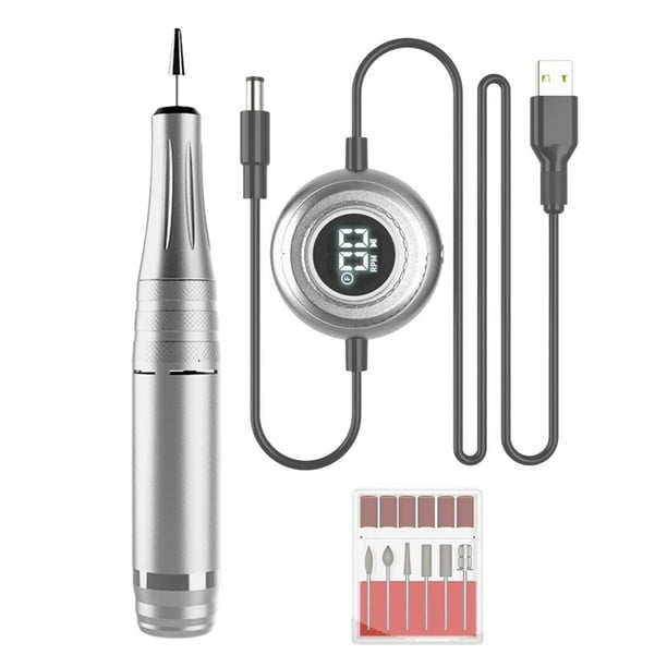 Taladro de uñas eléctrico, lima de uñas, minicontrolador de velocidad USB, con brocas para uñas Plata