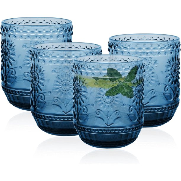 Copas de vidrio, juego de 4 vasos de cristalería vintage, vasos de vidrio de 12 oz con diseño de girasol, vasos decorativos florales en relieve para cóctel, vino, vasos de vidrio vintage (azul)
