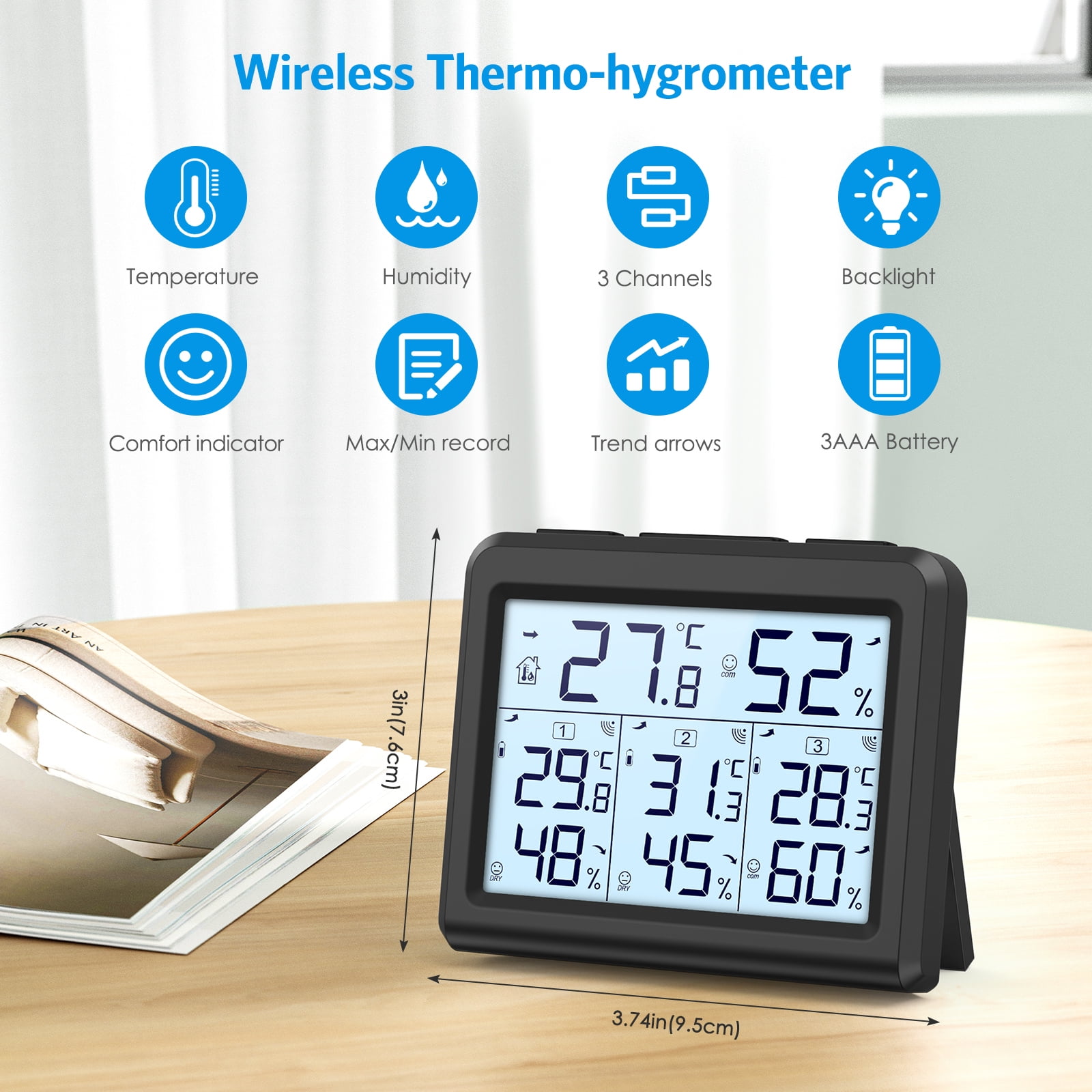 Indoor Thermometer, AMIR Indoor Outdoor Thermometer Digital Hygrometer Thermometer with 3 Sensor Humidity Gauge Indoor Thermometer for Home Bedroom Baby Room Greenhouse Warehouse Black