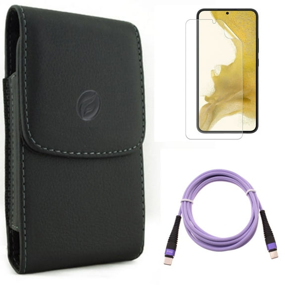 For Samsung Galaxy S21 (6.2") - Long Charger Cord Type-C to USB-C Purple 6ft PD Cable   Anti-Glare TPU Film Matte Screen Protector   Holster Leather Case Belt Clip